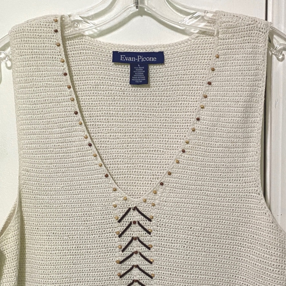 Y2K Evan-Picone Beaded Knit Tank Top L Cream Tribal‎ Military Gypsy Boho V-Neck - Picture 2 of 5